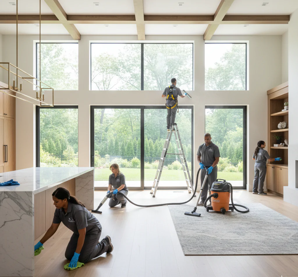 Post-construction cleaning crew working on a project in Princeton, NJ